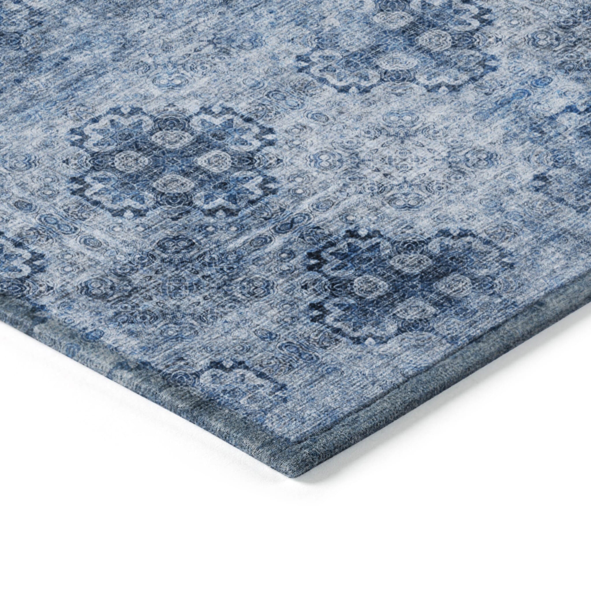 9' X 12' Navy Blue Floral Medallion Washable Non Skid Indoor Outdoor Area Rug