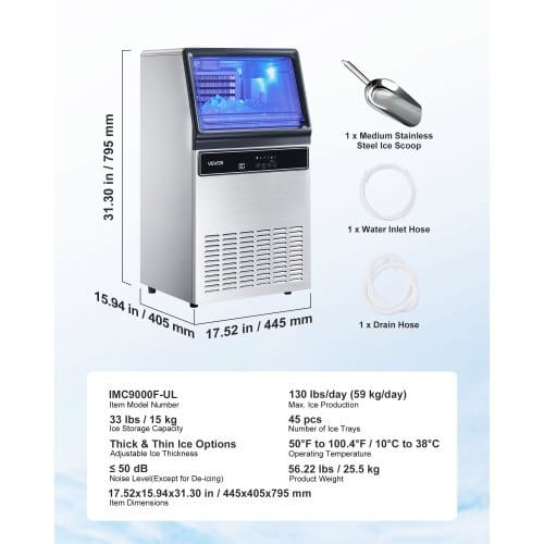 Commercial Ice Maker Machine, 120Lbs/24H with 33Lbs Storage, 45 Cubes per Cycle, Stainless Steel Freestanding & Under Counter Ice Maker with LED Display & Self-Cleaning, for Home Bar Restaurant