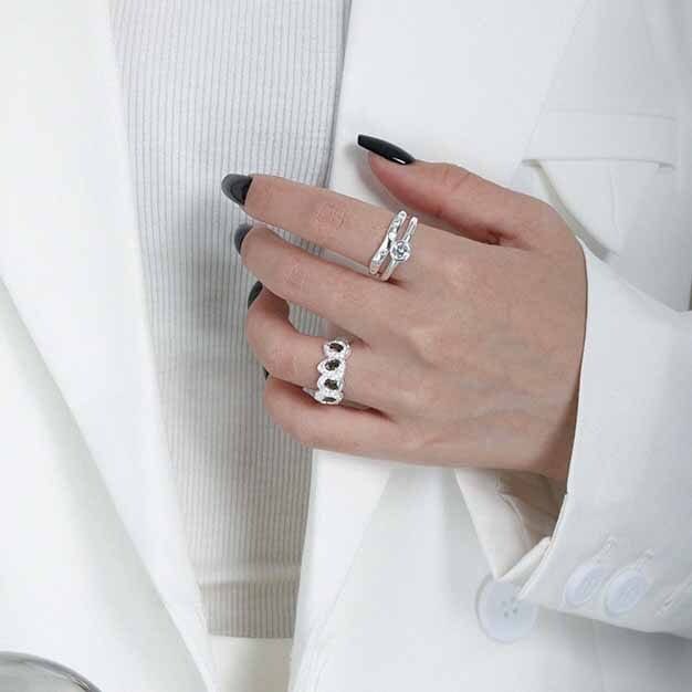Fashion Black Irregular CZ Stone 925 Sterling Silver Adjustable Ring