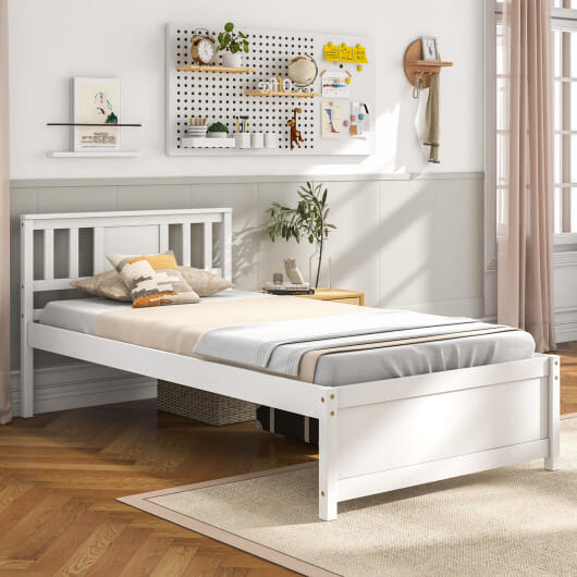Wooden Platform Bed with Headboard and Wood Slat Support White-Twin Size - Color: White - Size: Twin Size