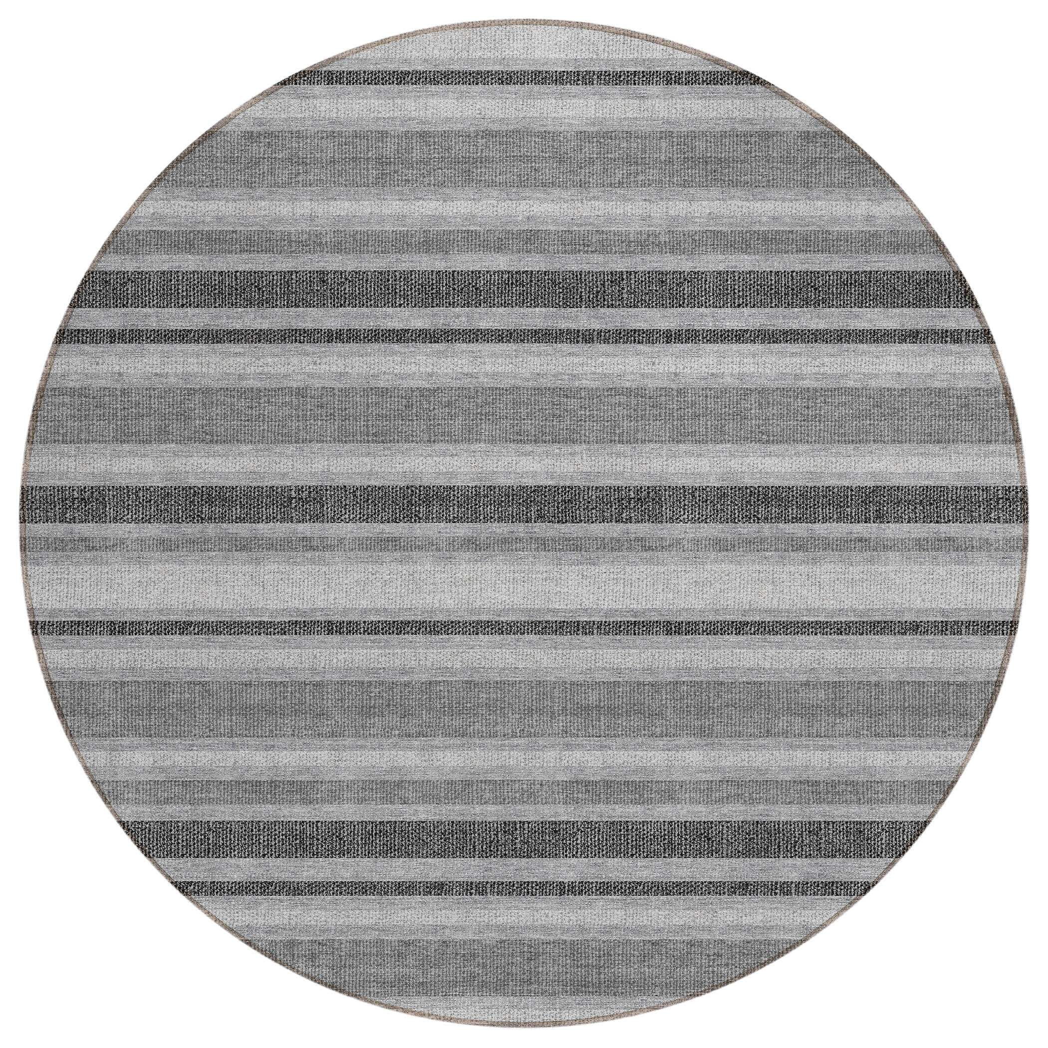 8' Round Gray and Black Round Striped Washable Non Skid Indoor Outdoor Area Rug