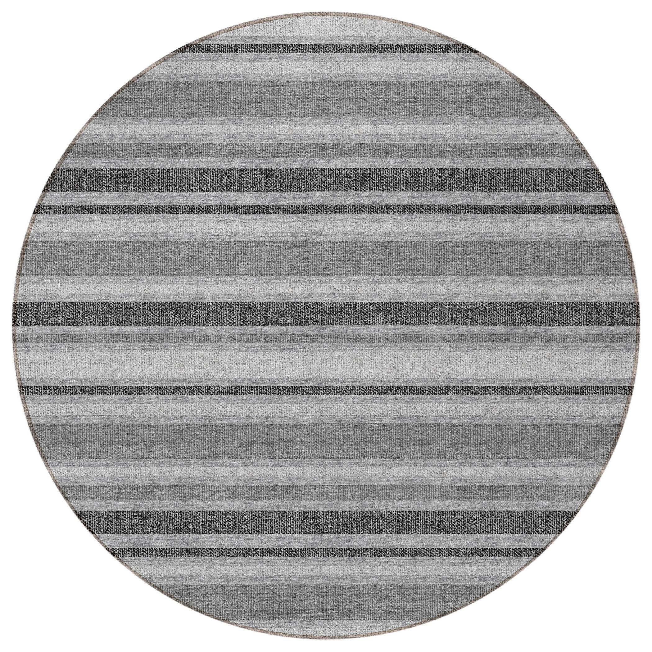 8' Round Gray and Black Round Striped Washable Non Skid Indoor Outdoor Area Rug