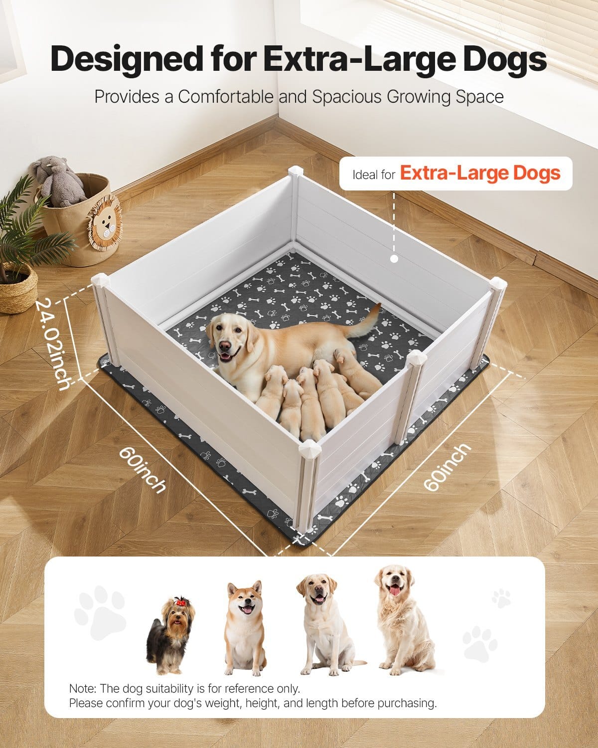 Dogs Whelping Box, 60 x 60 x 24 inch, Plastic PVC Puppies Playpen with Height Adjustable Door and Washable Pee Pad, Anti-Deformation Indoor Puppy Play Pen for Extra Large Breed Dogs, Milk White