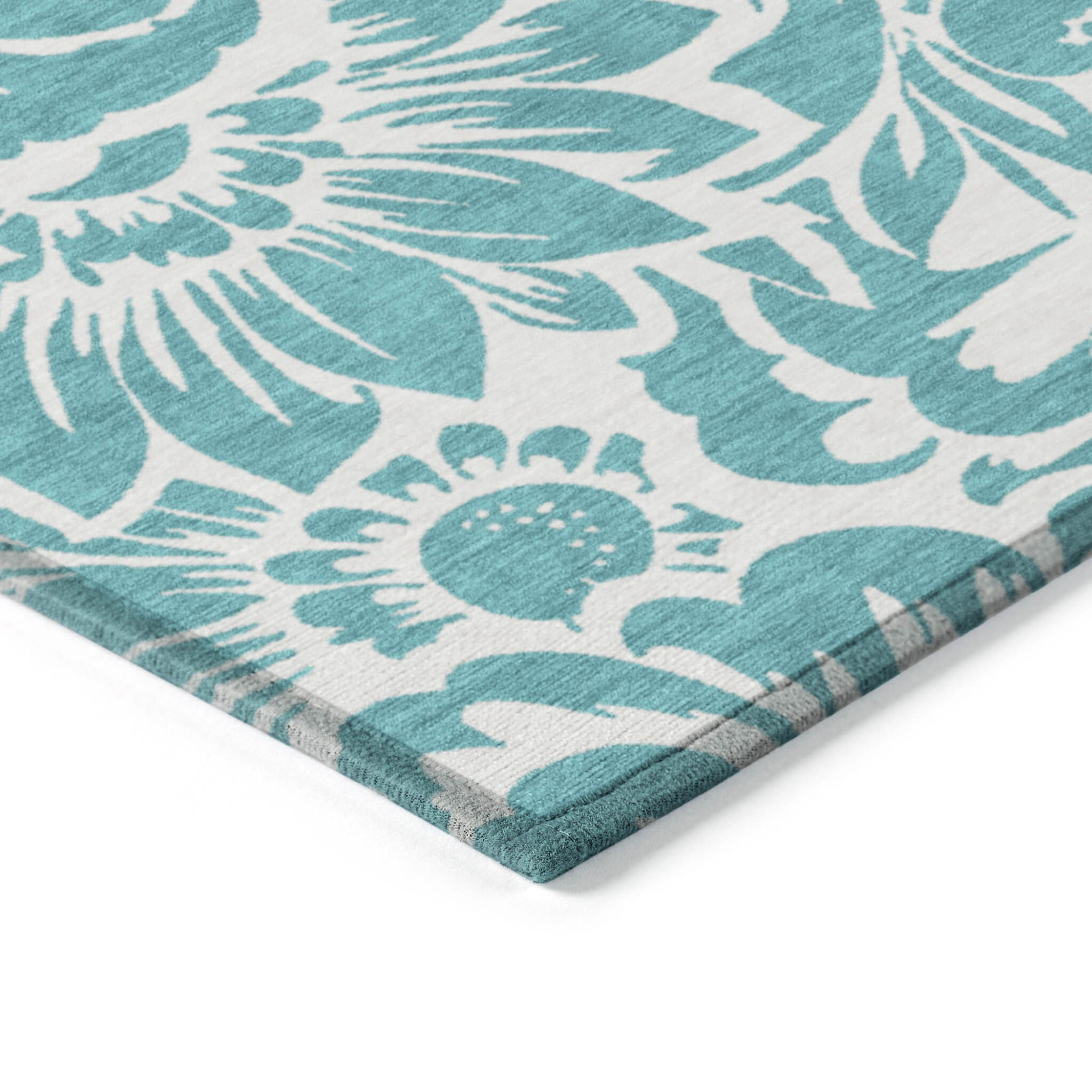 5' X 8' Teal and Ivory Floral Washable Non Skid Indoor Outdoor Area Rug