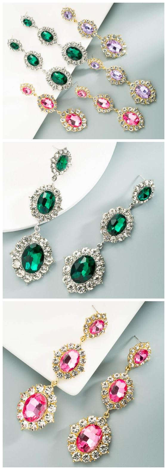 Glass Gems Embellished Vintage Fashion Women Dangle Earrings - Violet