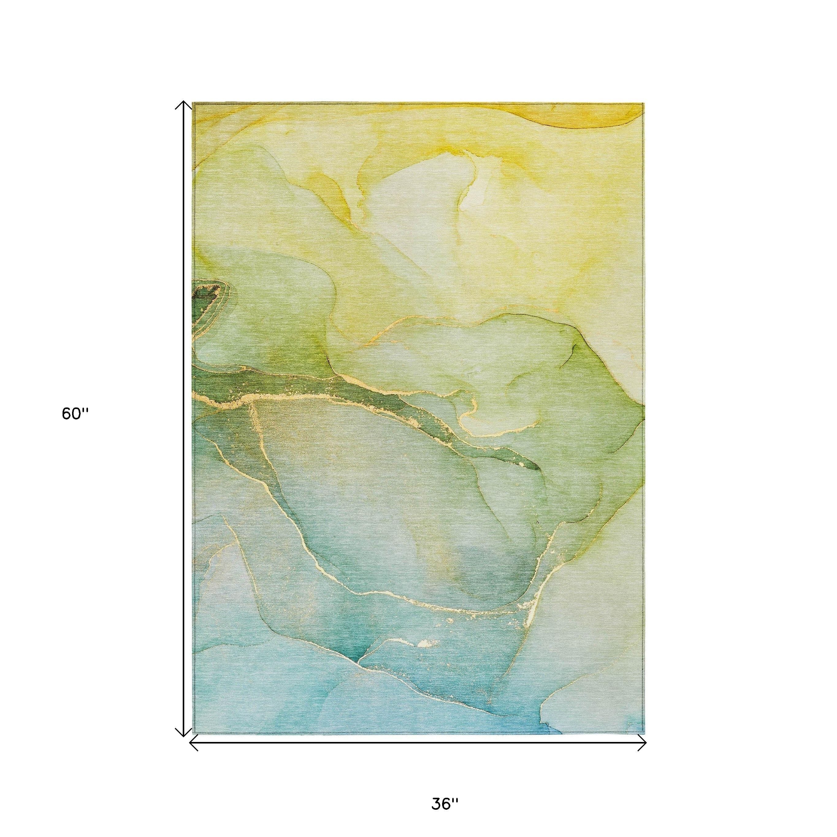 3' X 5' Green Abstract Washable Non Skid Indoor Outdoor Area Rug