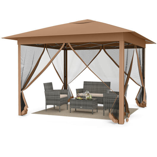 11.5 x 11.5 FT Pop-up Canopy Instant One-Person Setup with Mesh Screen Netting-Brown - Color: Brown
