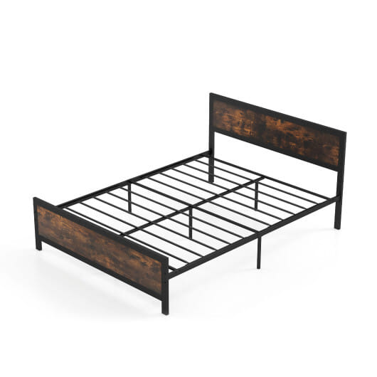 Metal Bed Frame with Headboard and Footboard-Queen Size - Color: Rustic Brown - Size: Queen Size