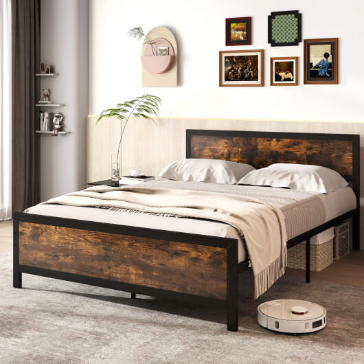 Metal Bed Frame with Headboard and Footboard-Queen Size - Color: Rustic Brown - Size: Queen Size