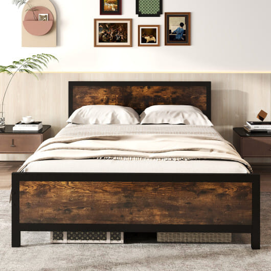 Metal Bed Frame with Headboard and Footboard-Queen Size - Color: Rustic Brown - Size: Queen Size