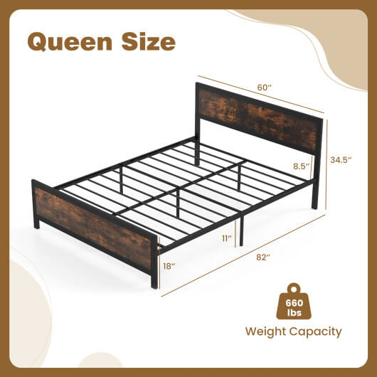 Metal Bed Frame with Headboard and Footboard-Queen Size - Color: Rustic Brown - Size: Queen Size