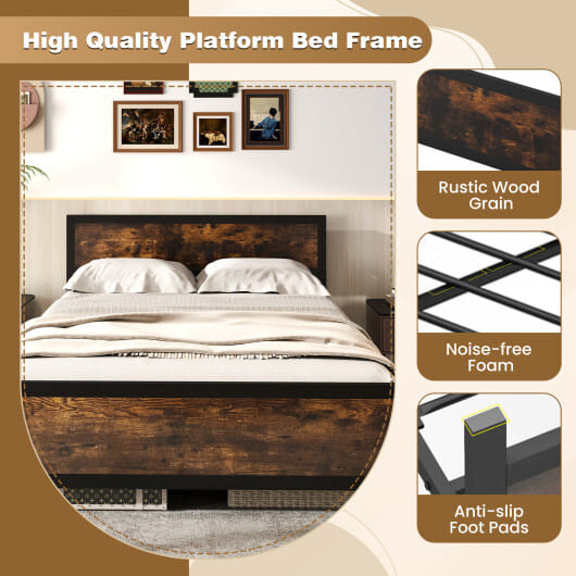 Metal Bed Frame with Headboard and Footboard-Queen Size - Color: Rustic Brown - Size: Queen Size