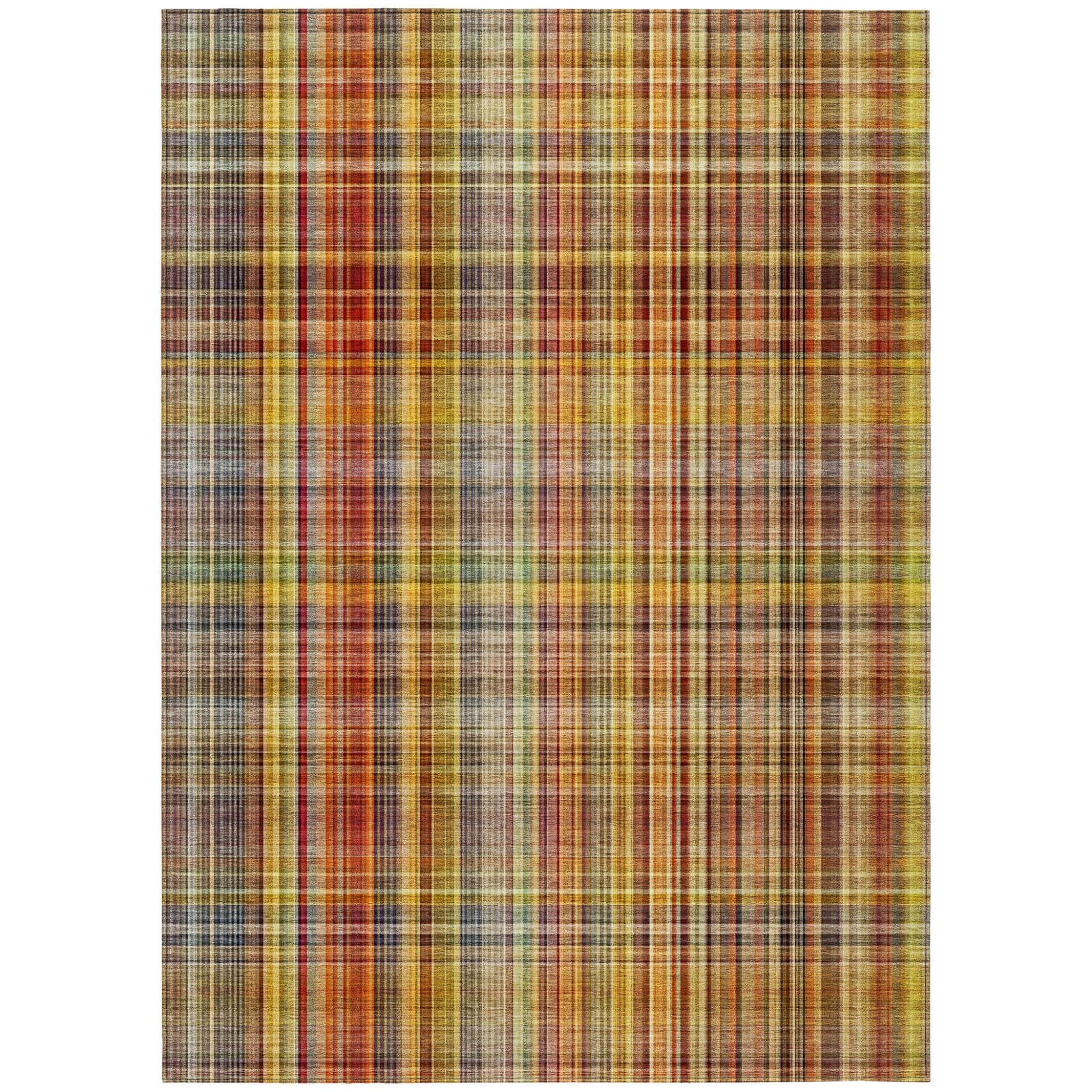 9' X 12' Yellow Orange and Brown Plaid Washable Non Skid Indoor Outdoor Area Rug