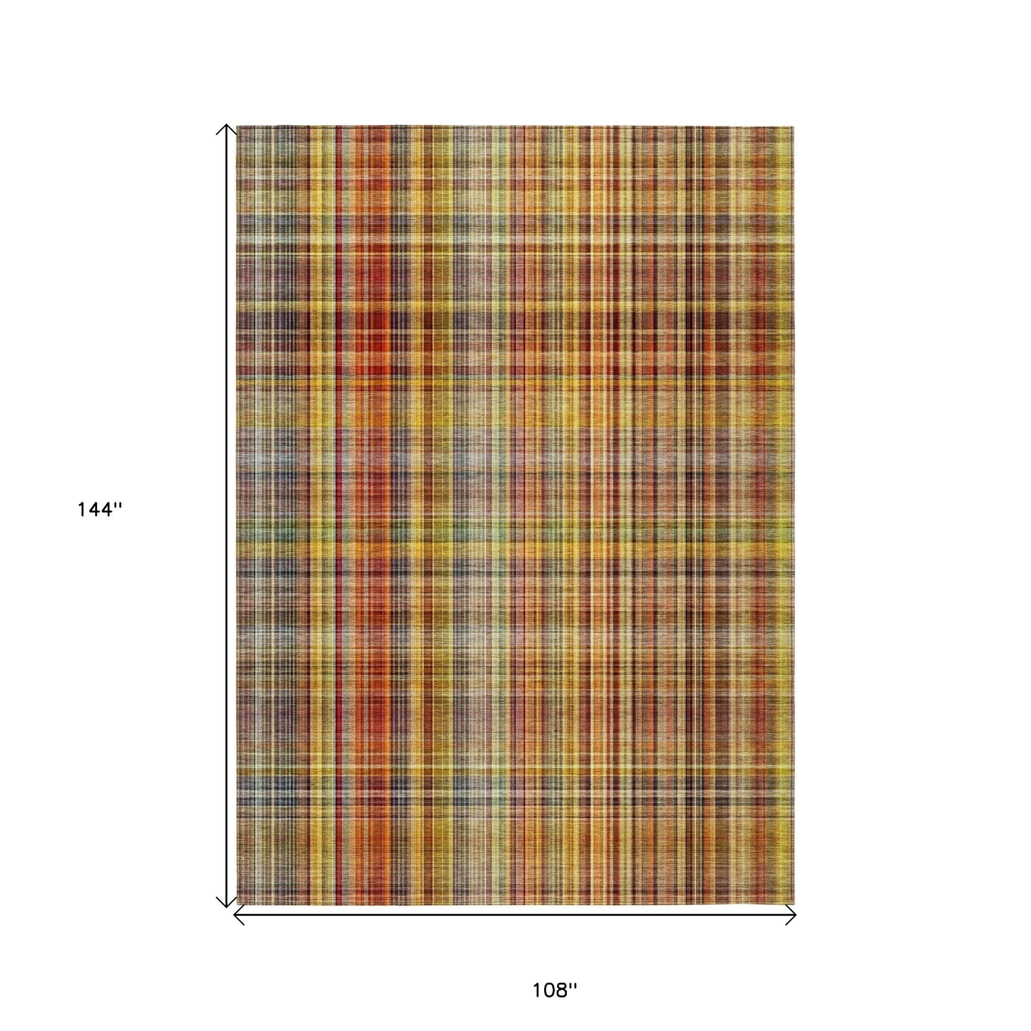 9' X 12' Yellow Orange and Brown Plaid Washable Non Skid Indoor Outdoor Area Rug