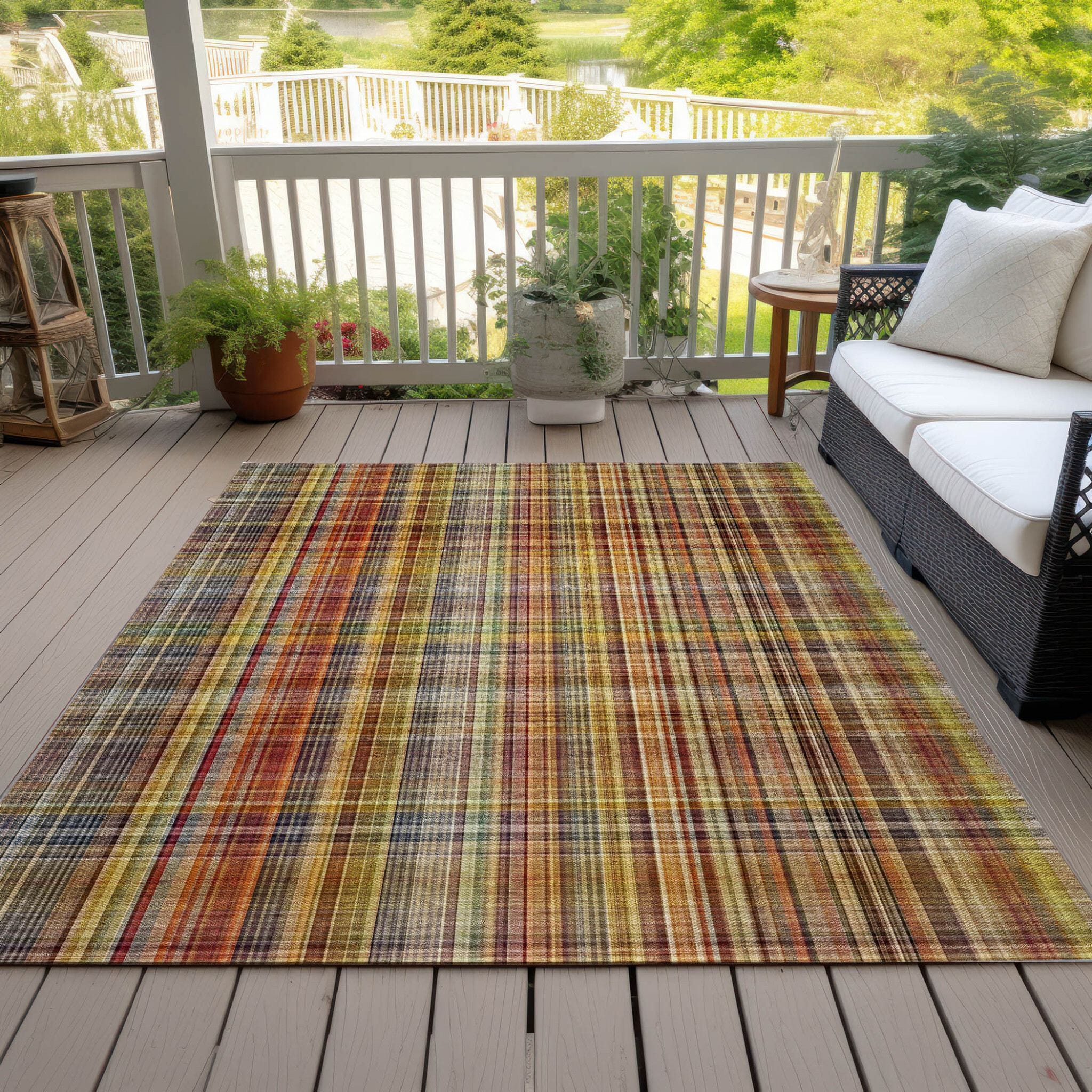 9' X 12' Yellow Orange and Brown Plaid Washable Non Skid Indoor Outdoor Area Rug