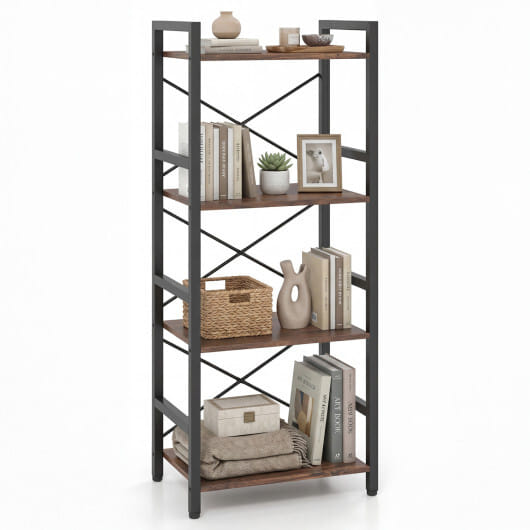4-Tier Bookshelf Narrow Freestanding Display Shelf with Metal Frame-Oak