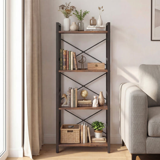 4-Tier Bookshelf Narrow Freestanding Display Shelf with Metal Frame-Oak