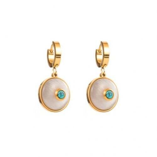 Turquoise Inlaid Golden Round Dangle Wholesale Huggie Earrings