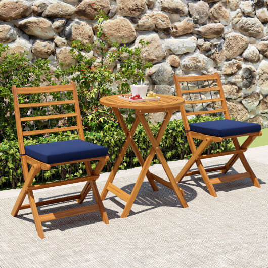 3 Pieces Acacia Wood Patio Bistro Set with Cushions-Navy - Color: Navy