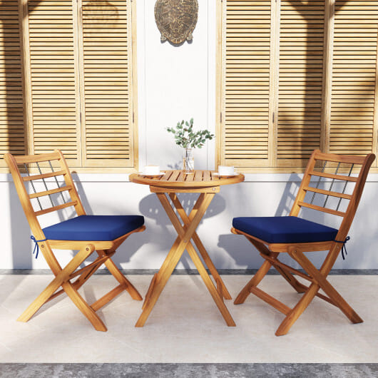 3 Pieces Acacia Wood Patio Bistro Set with Cushions-Navy - Color: Navy