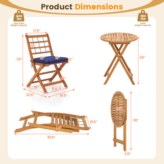3 Pieces Acacia Wood Patio Bistro Set with Cushions-Navy - Color: Navy