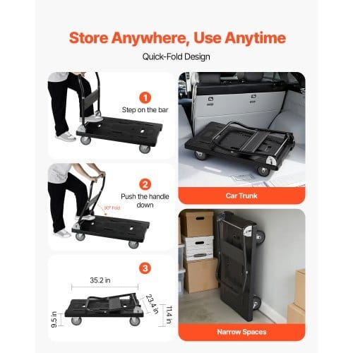 Foldable Push Cart Dolly, 1000 lbs Capacity, Folding Platform Truck with Swivel Wheels, Moving Platform Hand Truck Flatbed Cart, Space Saving Push Handle, for Easy Storage, 35.2 x 23.4 x 33.5 in
