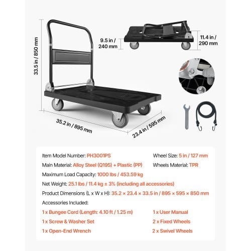 Foldable Push Cart Dolly, 1000 lbs Capacity, Folding Platform Truck with Swivel Wheels, Moving Platform Hand Truck Flatbed Cart, Space Saving Push Handle, for Easy Storage, 35.2 x 23.4 x 33.5 in