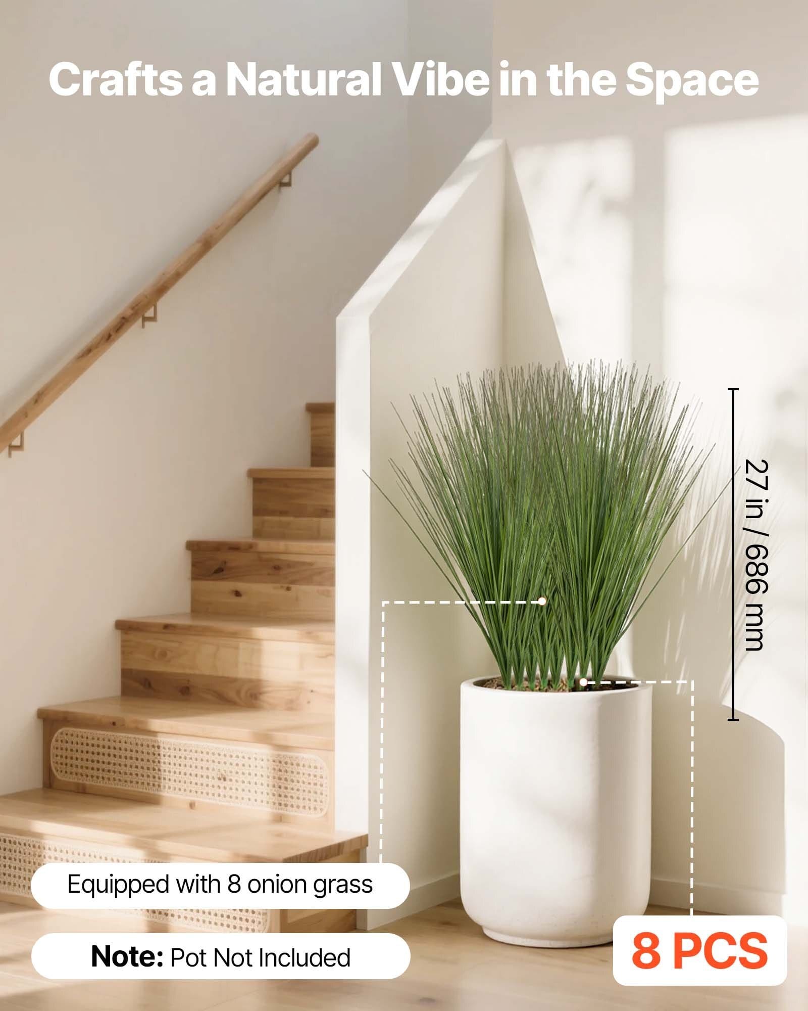 Artificial Grass Plant, 27 inch Faux Onion Grass Fake Greenery Shrubs Plant, Premium PVC for Indoor Outdoor House Home Garden Office Room D?©cor, Housewarming, 8 Pack Green