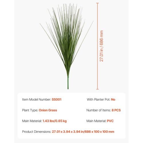 Artificial Grass Plant, 27 inch Faux Onion Grass Fake Greenery Shrubs Plant, Premium PVC for Indoor Outdoor House Home Garden Office Room D?©cor, Housewarming, 8 Pack Green