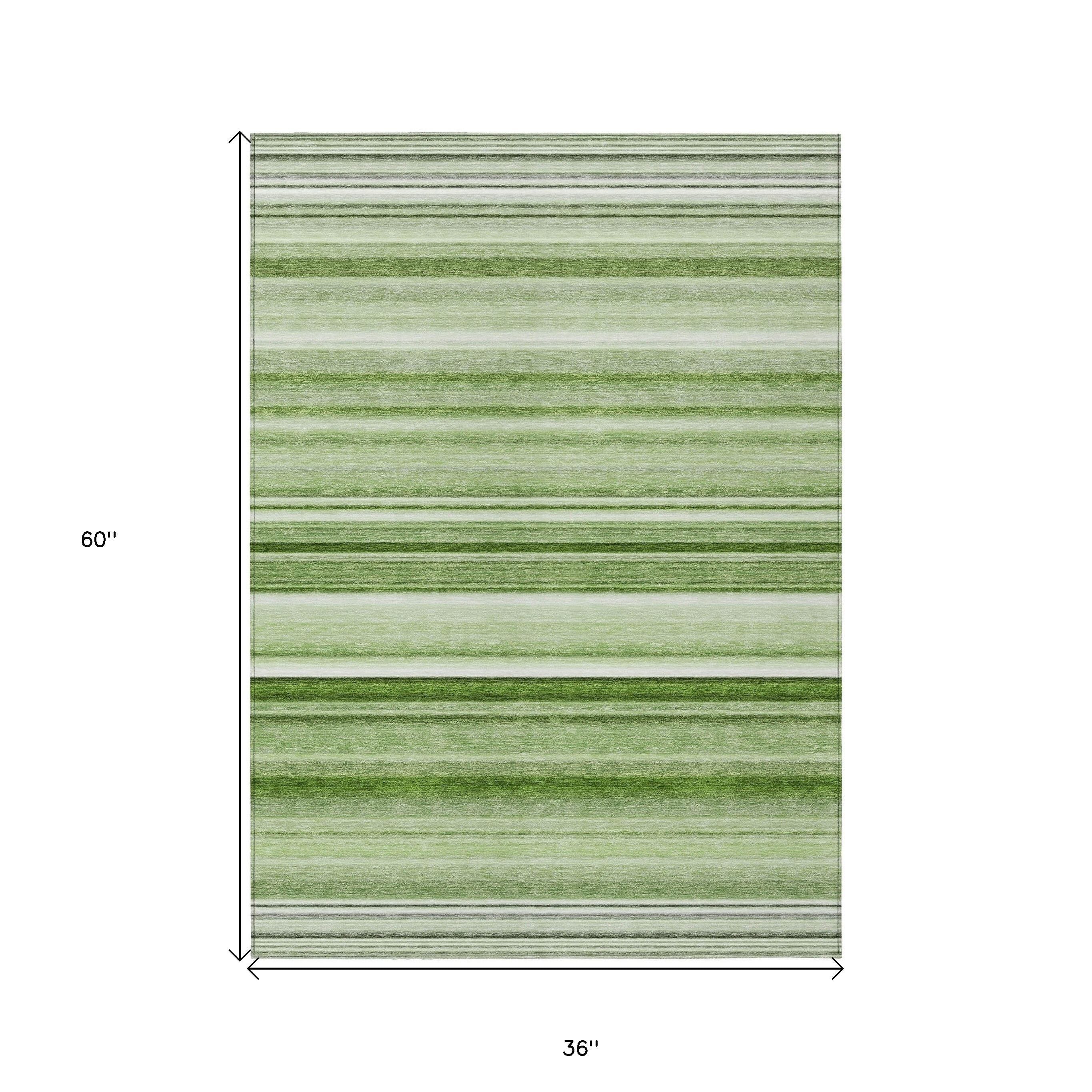 3' X 5' Artichoke Green Striped Washable Non Skid Indoor Outdoor Area Rug