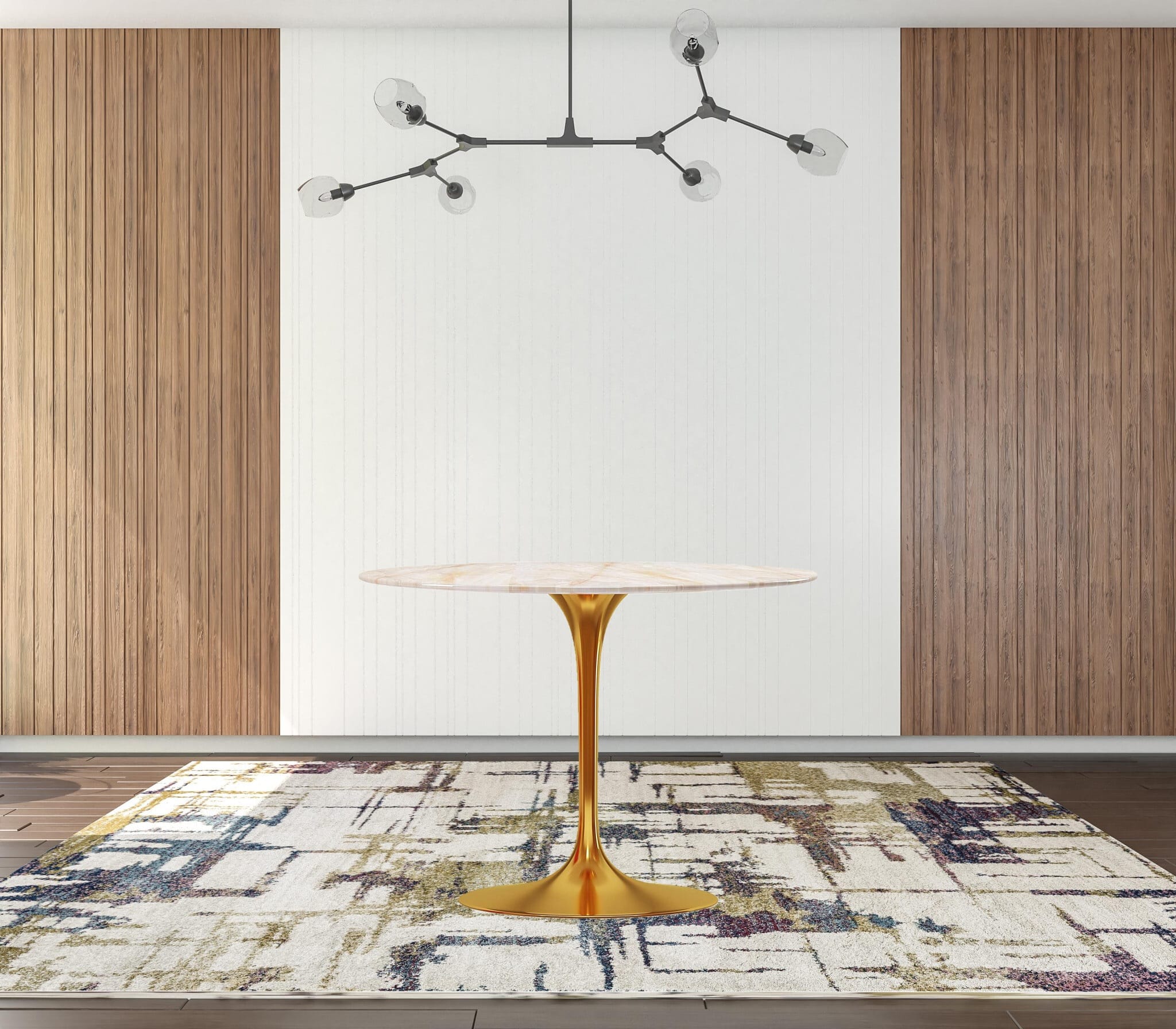 40" White And Gold Rounded Stone And Metal Pedestal Base Dining Table