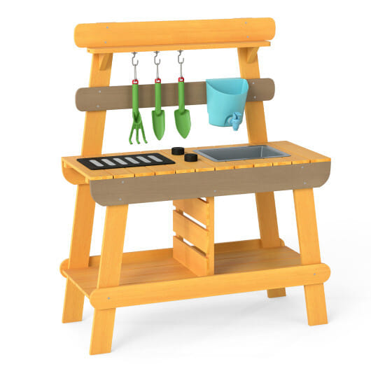 Outdoor Mud Kitchen for Kids Wooden Play Kitchen Toy for Boys Girls Aged 3-8-Yellow