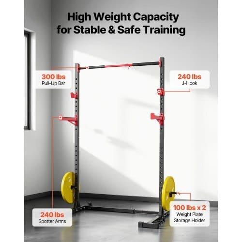 Power Cage Rack, Multifunctional Squat Rack for Home Gym, Width-Adjustable Workout Strength Training Equipment with 6 Band Pegs, Landmine Attachment & Safety Bars for Bench Press Squats Pull-Up