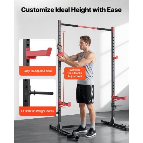 Power Cage Rack, Multifunctional Squat Rack for Home Gym, Width-Adjustable Workout Strength Training Equipment with 6 Band Pegs, Landmine Attachment & Safety Bars for Bench Press Squats Pull-Up