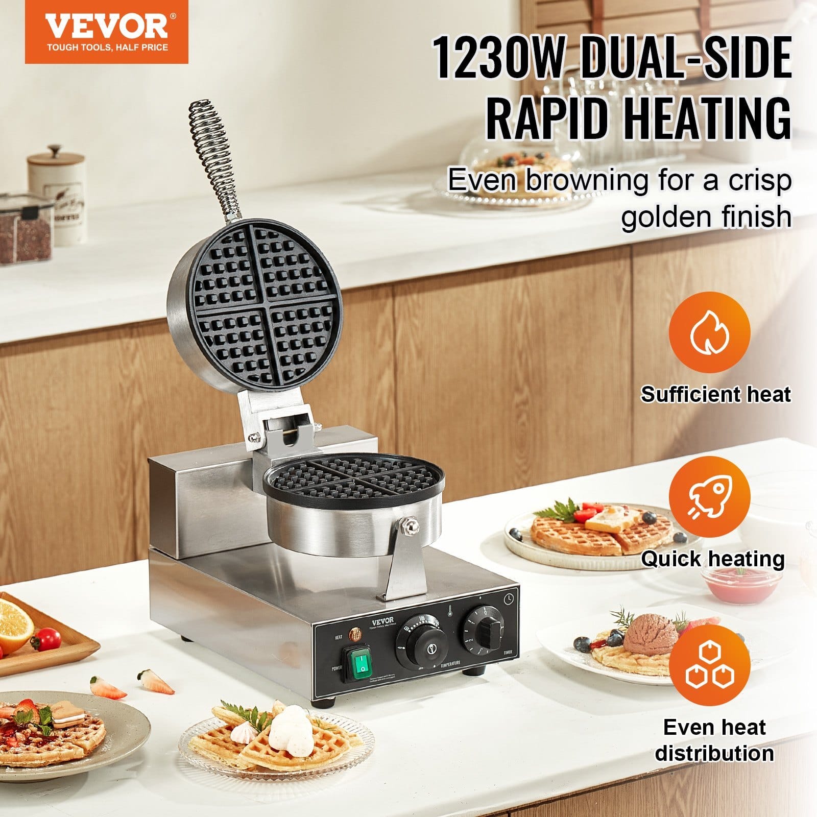 Commercial Waffle Maker, 1230W Round Waffle Baker Machine, Non-Stick Stainless Steel Belgian Waffle Iron with Temperature and Time Control, Handle, for Restaurant Bakery Snack Bar Family