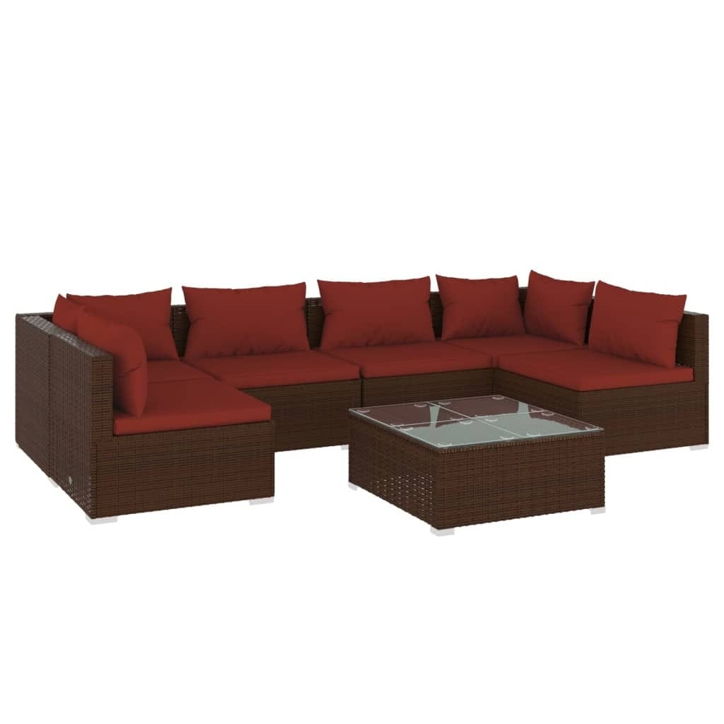 7 Piece Patio Lounge Set with Cushions Poly Rattan Brown
