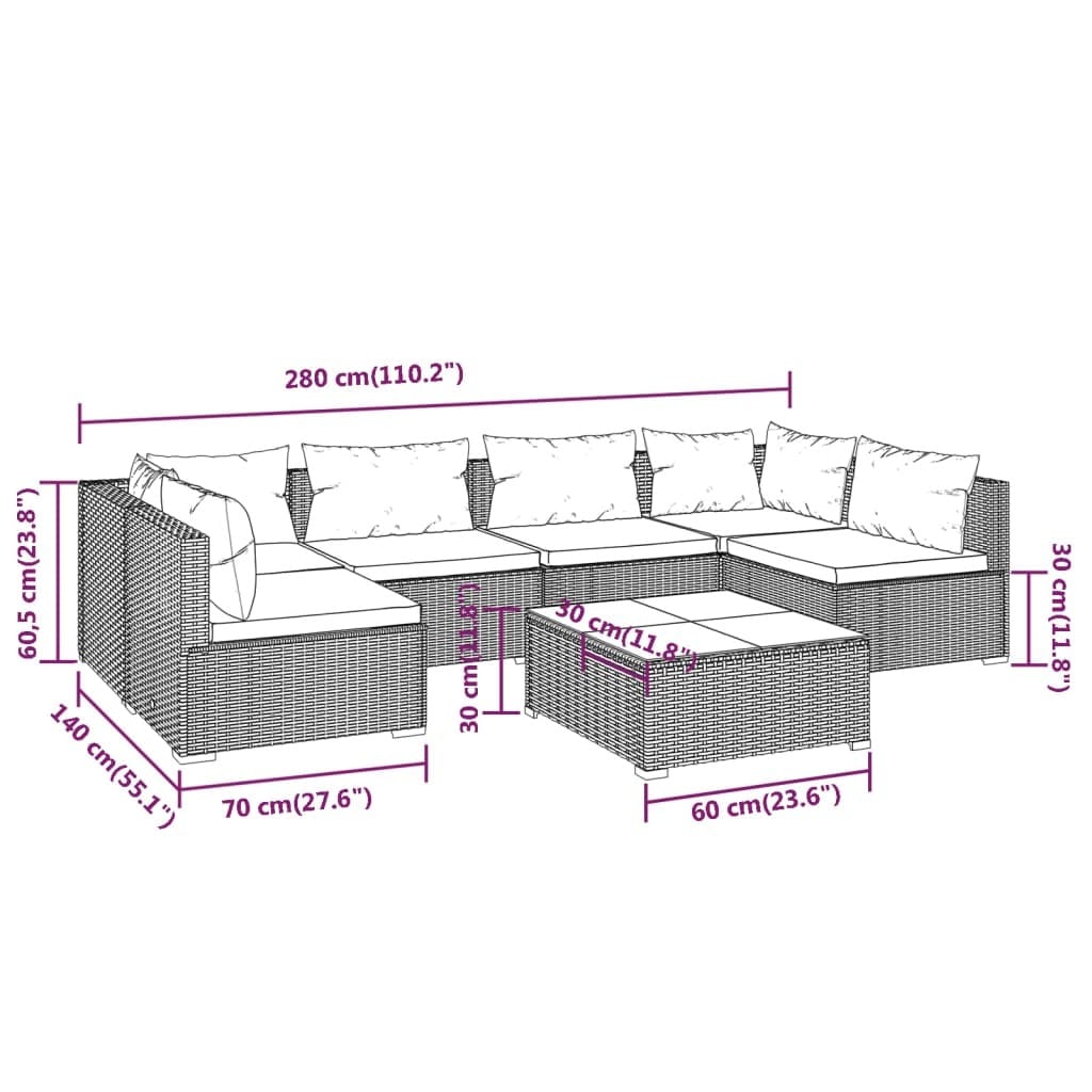 7 Piece Patio Lounge Set with Cushions Poly Rattan Brown