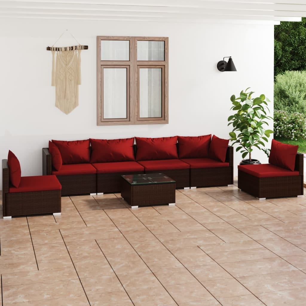 7 Piece Patio Lounge Set with Cushions Poly Rattan Brown