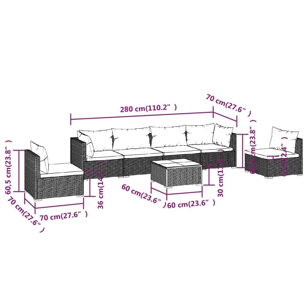 7 Piece Patio Lounge Set with Cushions Poly Rattan Brown