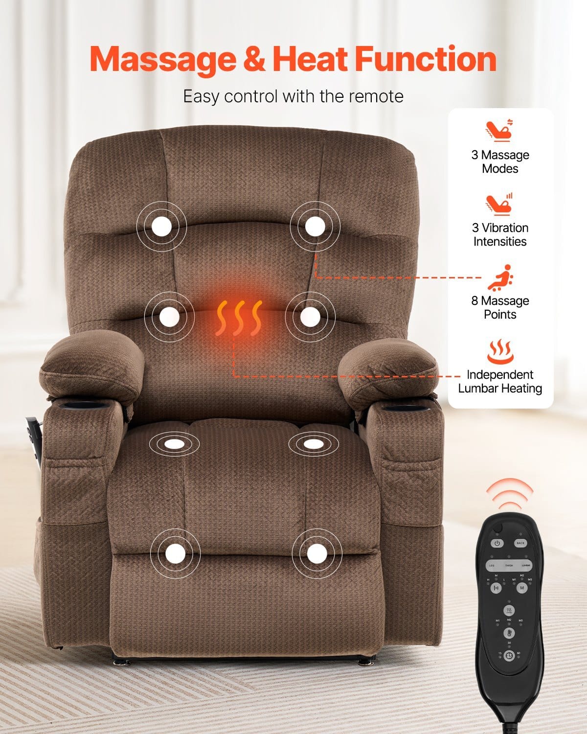 Power Lift Recliner Chair, Lift Chair with Heat and Massage for Elderly, Dual Motor Recliner Chair with 2 Cup holders and USB Port, Infinite Position Adjustment Electric Recliner (Large, Brown)