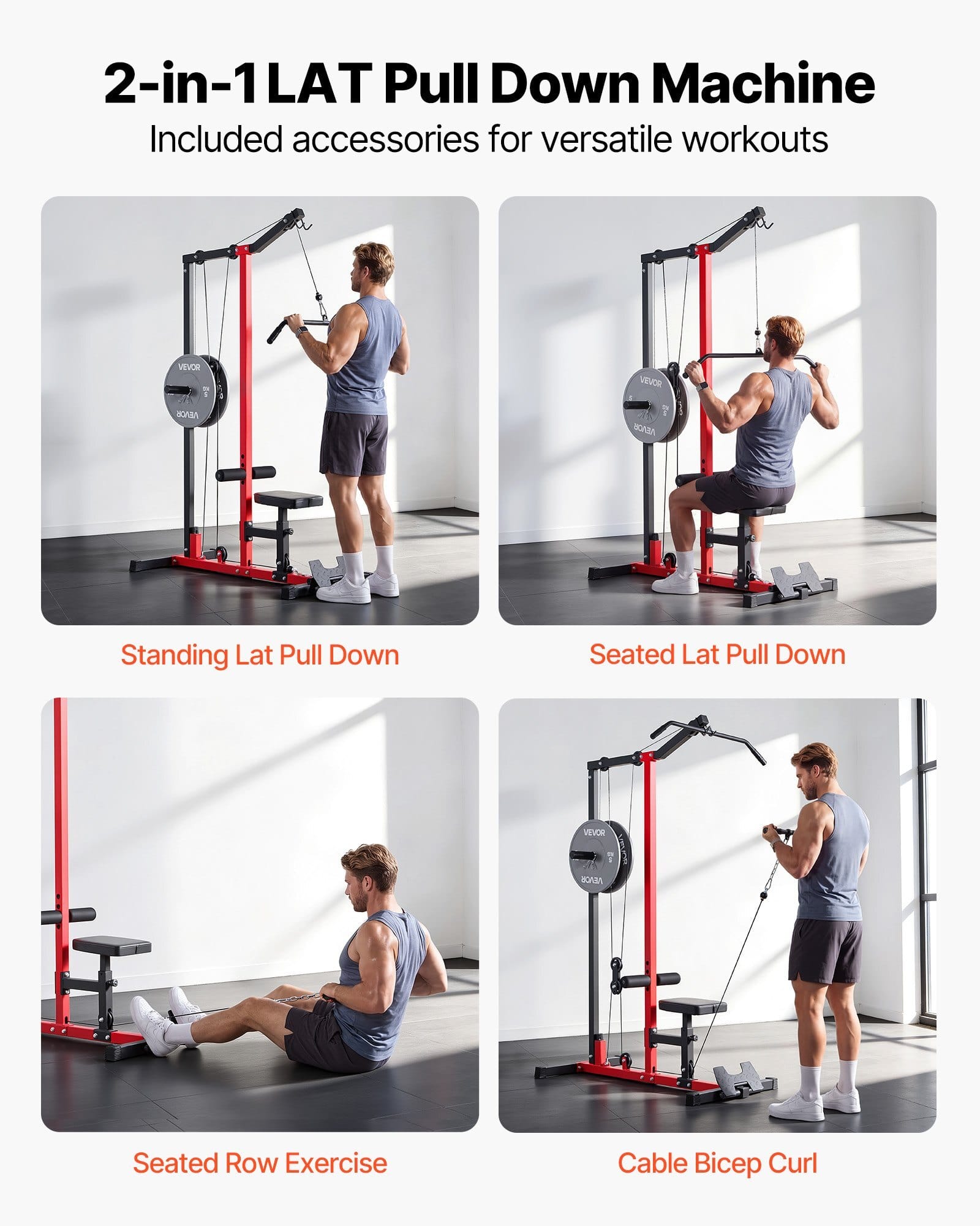 LAT Pull Down Machine, 2-in-1 Row Cable Machine, Cable Machines Home Gym with 3-Level Adjustable Seat, 4-Level Adjustable Foam Roller, Load 500 lbs Lat Tower for Back, Chest, Tricep, Black Red