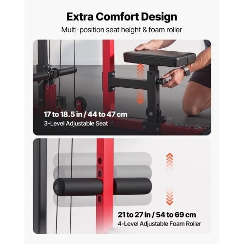LAT Pull Down Machine, 2-in-1 Row Cable Machine, Cable Machines Home Gym with 3-Level Adjustable Seat, 4-Level Adjustable Foam Roller, Load 500 lbs Lat Tower for Back, Chest, Tricep, Black Red