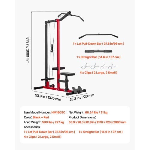 LAT Pull Down Machine, 2-in-1 Row Cable Machine, Cable Machines Home Gym with 3-Level Adjustable Seat, 4-Level Adjustable Foam Roller, Load 500 lbs Lat Tower for Back, Chest, Tricep, Black Red