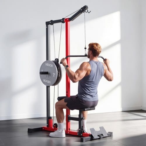 LAT Pull Down Machine, 2-in-1 Row Cable Machine, Cable Machines Home Gym with 3-Level Adjustable Seat, 4-Level Adjustable Foam Roller, Load 500 lbs Lat Tower for Back, Chest, Tricep, Black Red