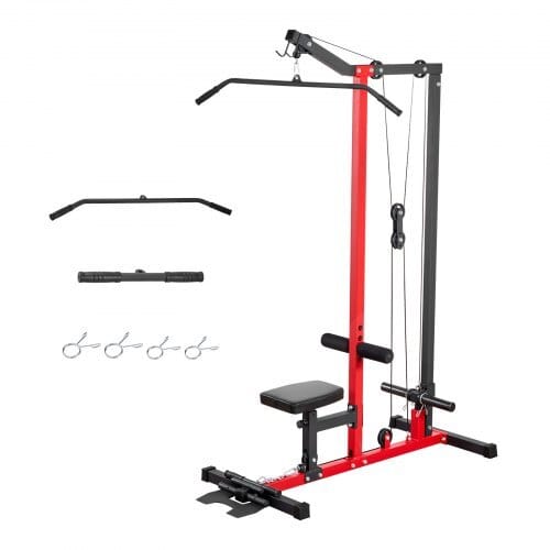 LAT Pull Down Machine, 2-in-1 Row Cable Machine, Cable Machines Home Gym with 3-Level Adjustable Seat, 4-Level Adjustable Foam Roller, Load 500 lbs Lat Tower for Back, Chest, Tricep, Black Red