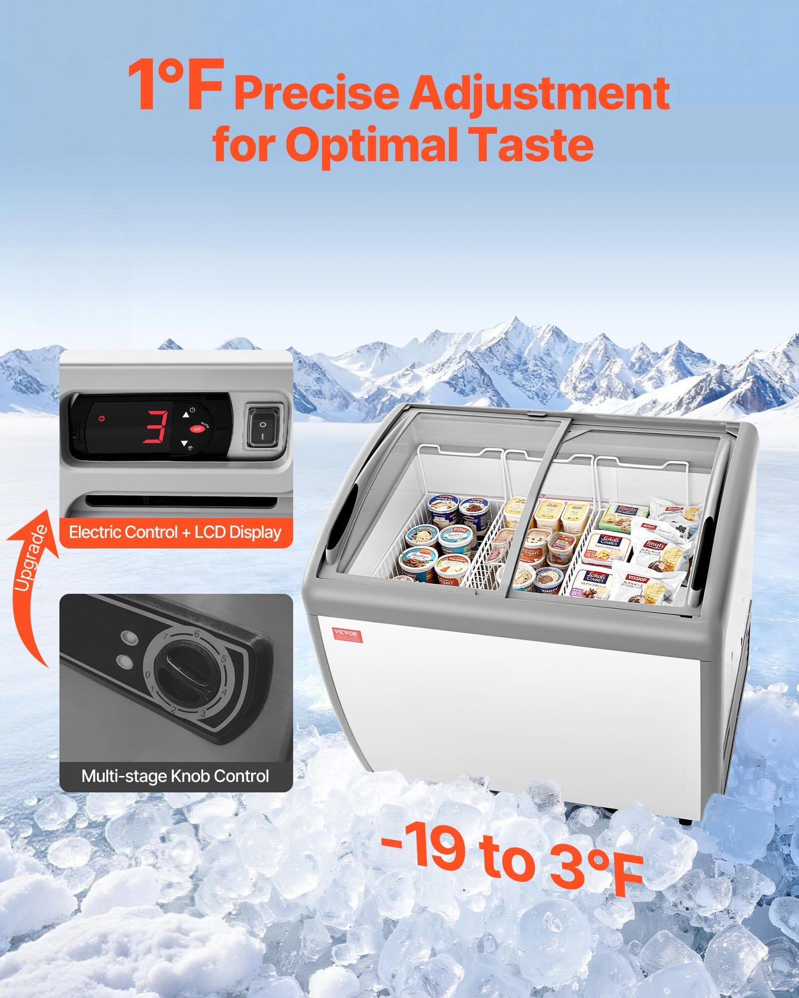 Commercial Ice Cream Display Case, 9.3 Cu.ft Chest Freezer, -19 to 3?„‰ Temp Adjustable Mobile Top Deep Freezer with 3 Wire Baskets, 2 Sliding Glass Doors, Locking Casters & LED Strip Lighting