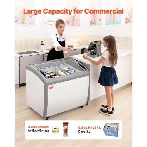 Commercial Ice Cream Display Case, 9.3 Cu.ft Chest Freezer, -19 to 3?„‰ Temp Adjustable Mobile Top Deep Freezer with 3 Wire Baskets, 2 Sliding Glass Doors, Locking Casters & LED Strip Lighting