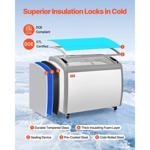 Commercial Ice Cream Display Case, 9.3 Cu.ft Chest Freezer, -19 to 3?„‰ Temp Adjustable Mobile Top Deep Freezer with 3 Wire Baskets, 2 Sliding Glass Doors, Locking Casters & LED Strip Lighting