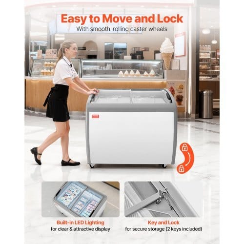 Commercial Ice Cream Display Case, 9.3 Cu.ft Chest Freezer, -19 to 3?„‰ Temp Adjustable Mobile Top Deep Freezer with 3 Wire Baskets, 2 Sliding Glass Doors, Locking Casters & LED Strip Lighting