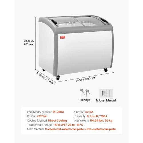 Commercial Ice Cream Display Case, 9.3 Cu.ft Chest Freezer, -19 to 3?„‰ Temp Adjustable Mobile Top Deep Freezer with 3 Wire Baskets, 2 Sliding Glass Doors, Locking Casters & LED Strip Lighting